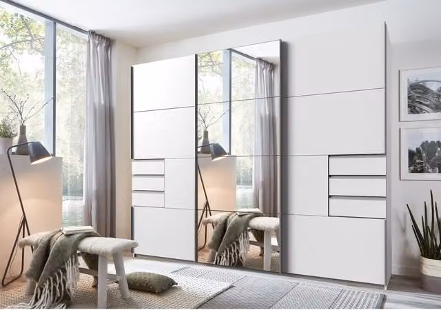 TJS Saigon Modern White Bedroom Wardrobe with Sliding Doors and Mirror, W/H: 270 x 225 cm