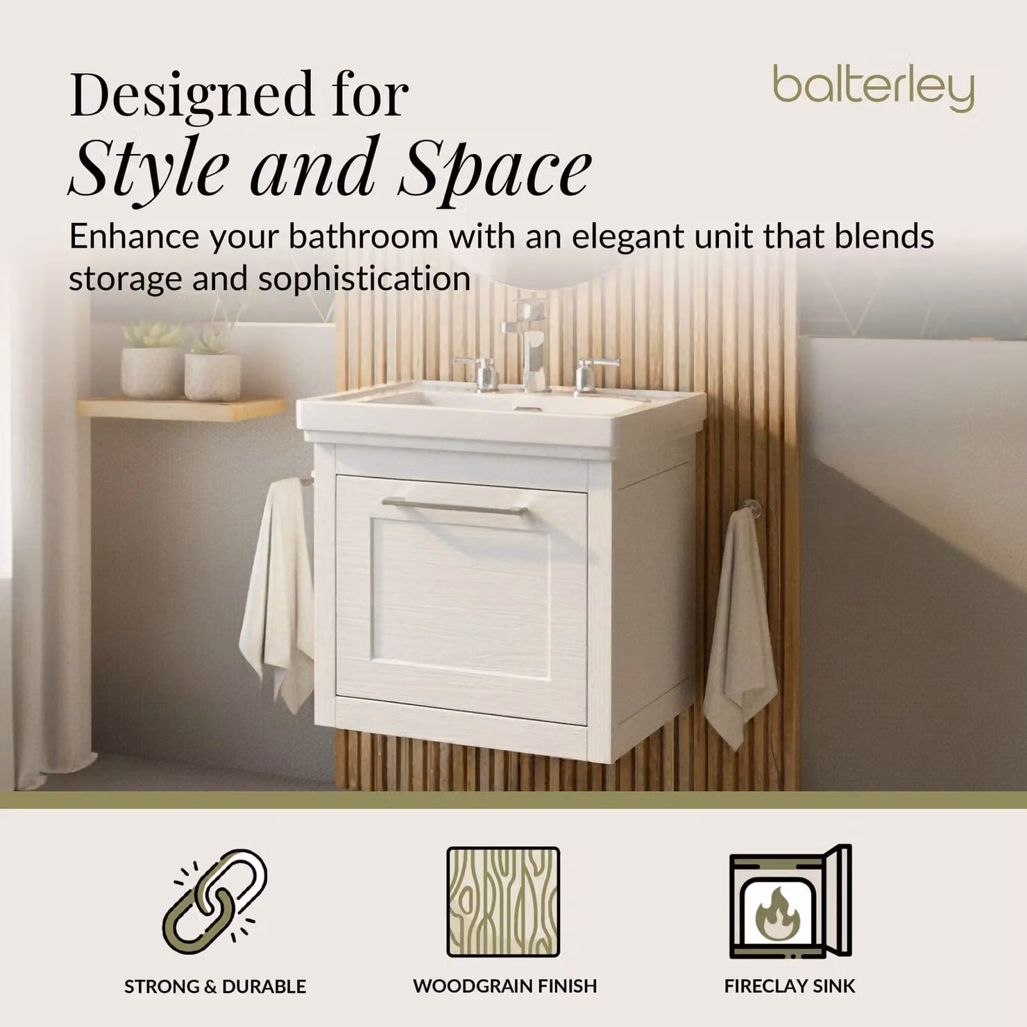 Balterley Wall Hung 1 Drawer Vanity Unit and 3TH Fireclay Basin, White, W: 50 cm – 2