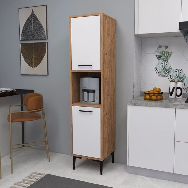Destina Home Daminol Modern Kitchen Cabinet in White and Brown with Internal Shelves and Hinged Doors