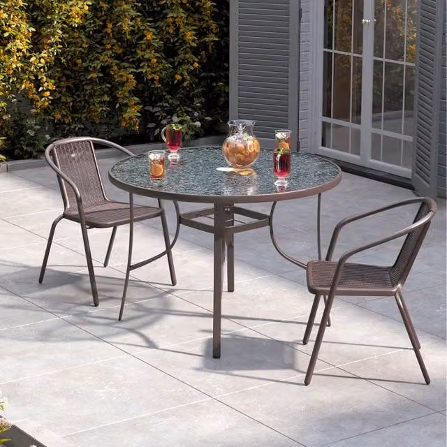 Livingandhome Modern Round Glass and Metal Outdoor Bistro Set in Brown with 3 Chairs