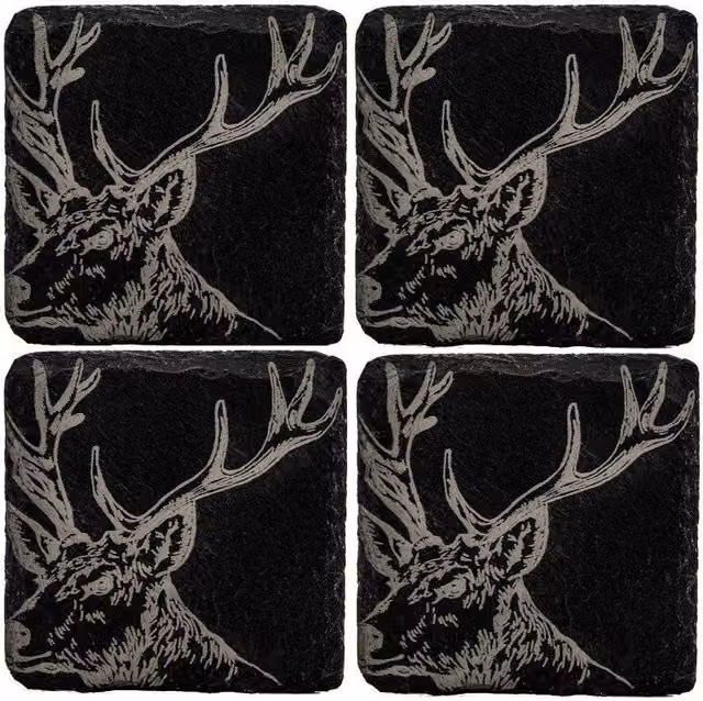 Selbrae House Set of 4 Square Slate Coasters in Dark Grey with Stag Design