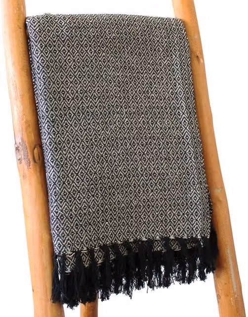Four Candle Charcoal Diamond Weave Boho Cotton Throw with Tassels, Grey, W x D: 150 x 125 cm