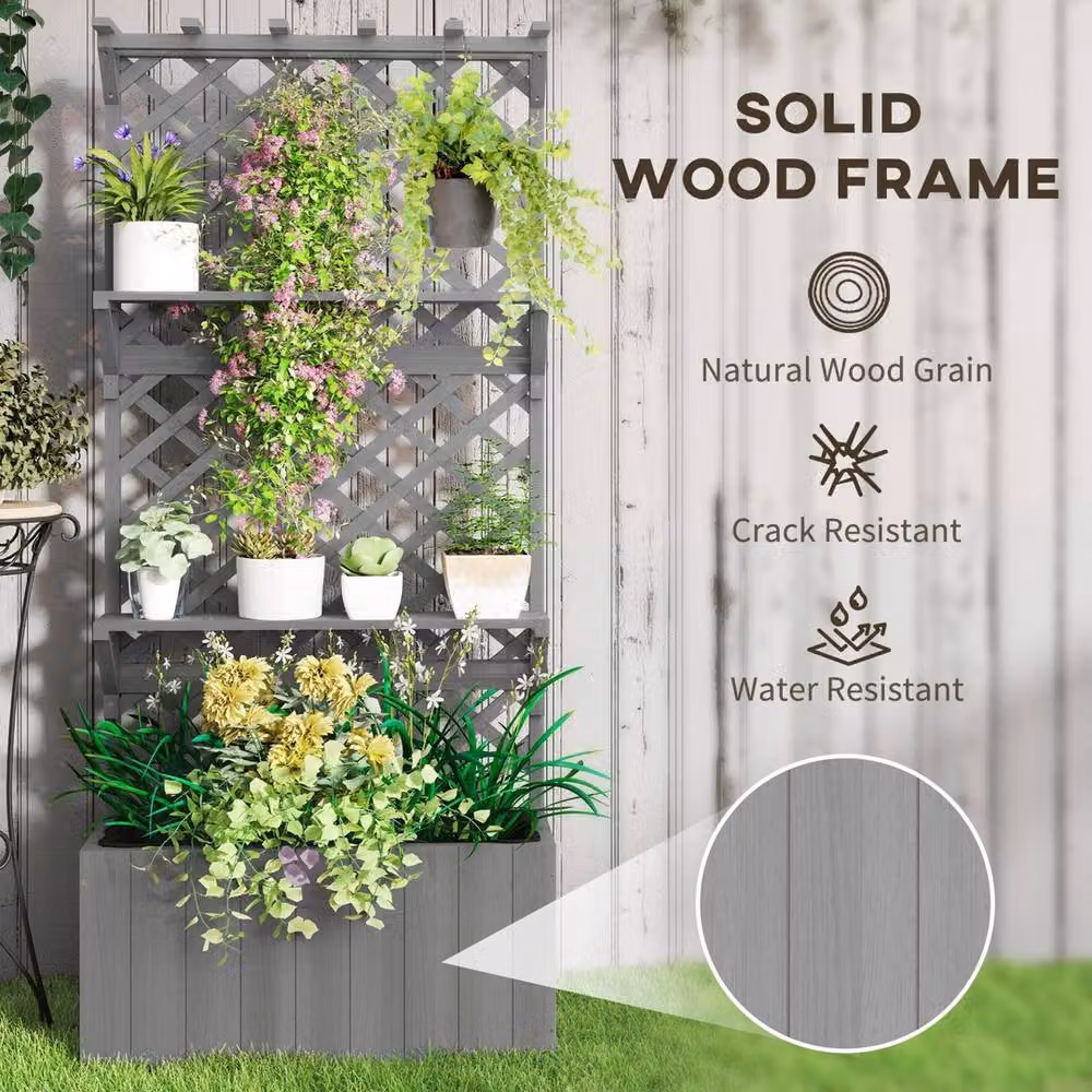 Kelvenix Grey Wooden Raised Planter with Trellis and 2 Shelves, W/D/H: 177 x 52 x 33 cm – 4