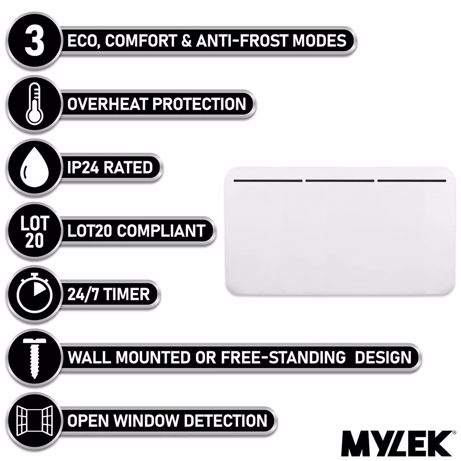 MYLEK 2000W Electric Panel Convector Heater with Timer and Thermostat, White – 2