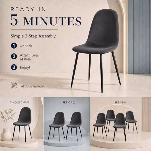 Bravich LTD Ron Grey Velvet Dining Chair with Metal Legs – 4