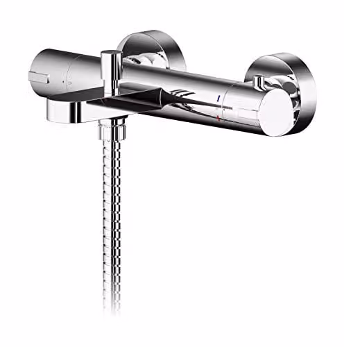 nuie BIN005 Binsey Modern Round Thermostatic Wall Mounted Bath Shower Mixer Tap with Bottom Outlet, Chrome, H 264mm x W 50mm