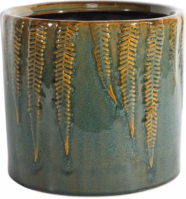 KDMD Hortus Albany Glaze Ceramic Pot, Green Floral Design, W/D/H: 21 x 19 x 19 cm