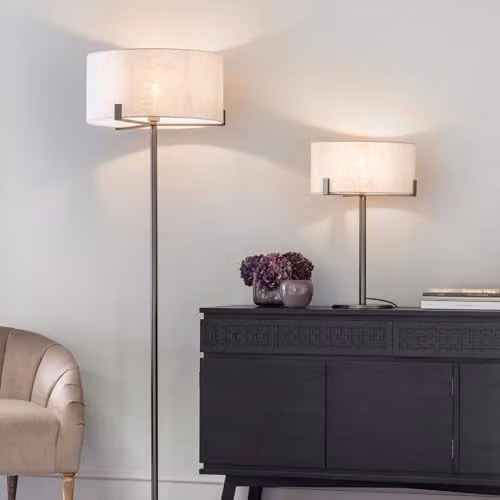 Netlighting Hayfield Floor Lamp in Brushed Bronze and Brown with Natural Linen Shade, H 172.4 cm – 2