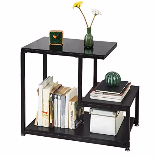 SoBuy Modern Black Glass and Metal Side Table for Living Room, Bedroom or Home Office, W/D/H: 55.0 x 35.0 x 65.0 cm – 1