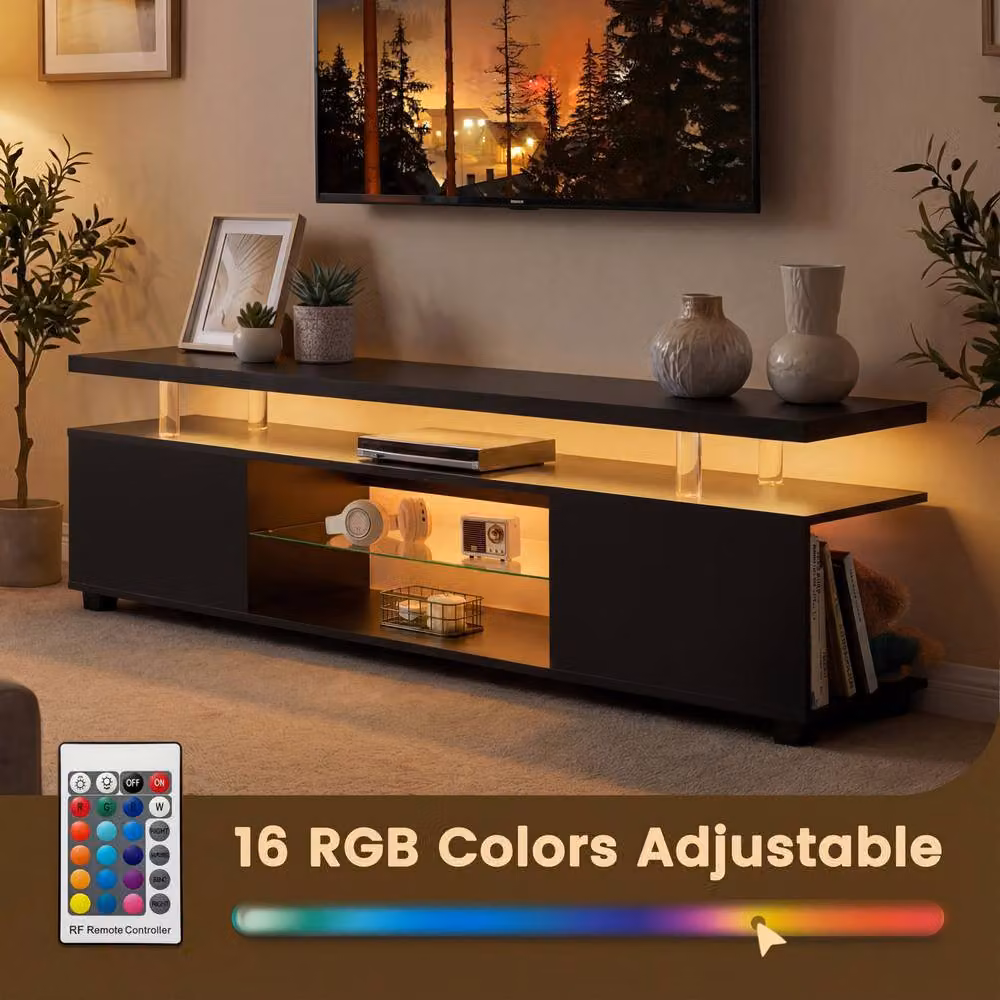 Matteo Black LED TV Stand with Integrated Lighting and Media Compartments – 2