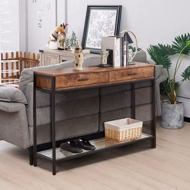 Livingandhome Rustic Industrial Wooden Side Table with Drawers and Glass Shelf in Brown