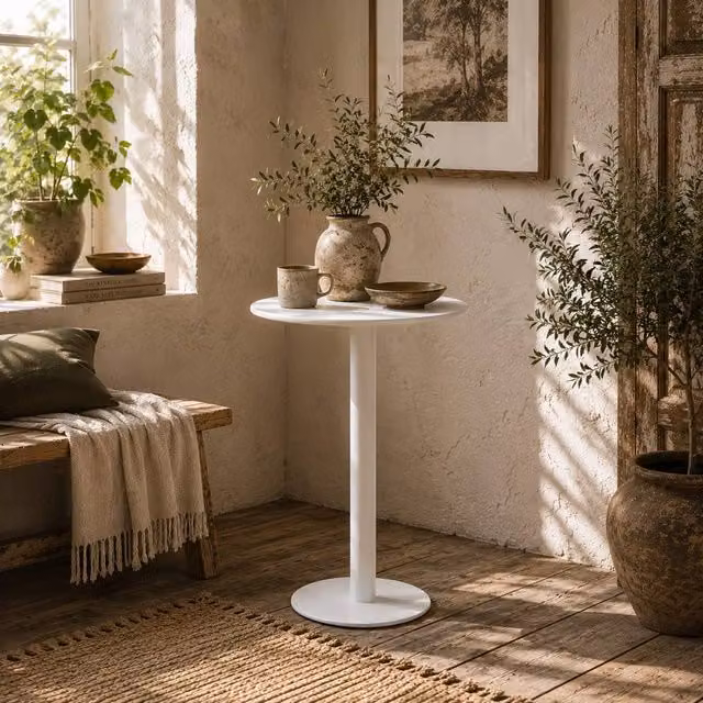 Wyld Haus Susuyo Round White Dining Table with Metal Base, Diameter: 60 cm, Height: 72 cm