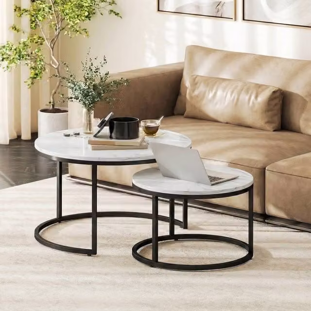 HOMCOM 2 Piece Nesting Coffee Table Set with White Marble Tops and Steel Frame