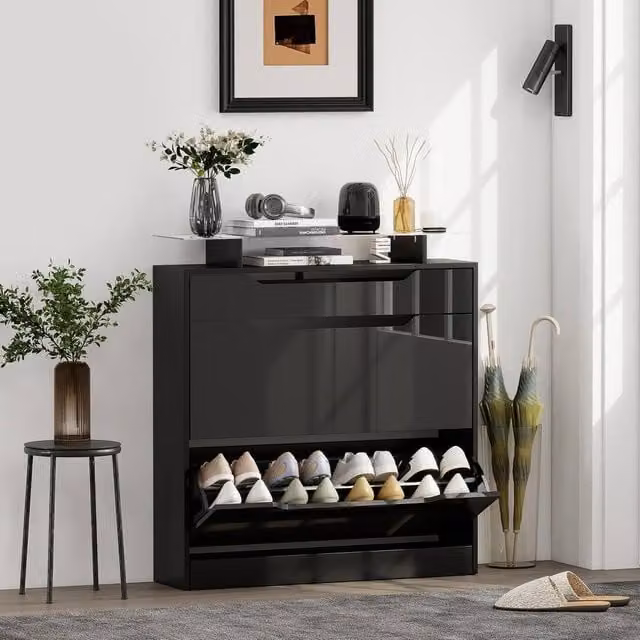 EONLION Black Modern Shoe Cabinet with Tilting Compartments and Glass Doors, Width: 100 cm – 1