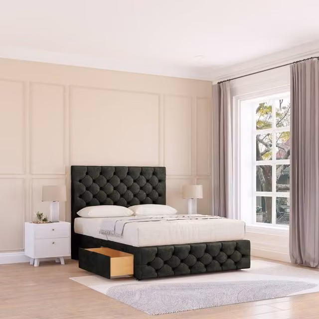 Sloomy Watson Chesterfield Divan Bed Base and Headboard in Dark Grey, Double, W/D/H: 140 x 200 cm