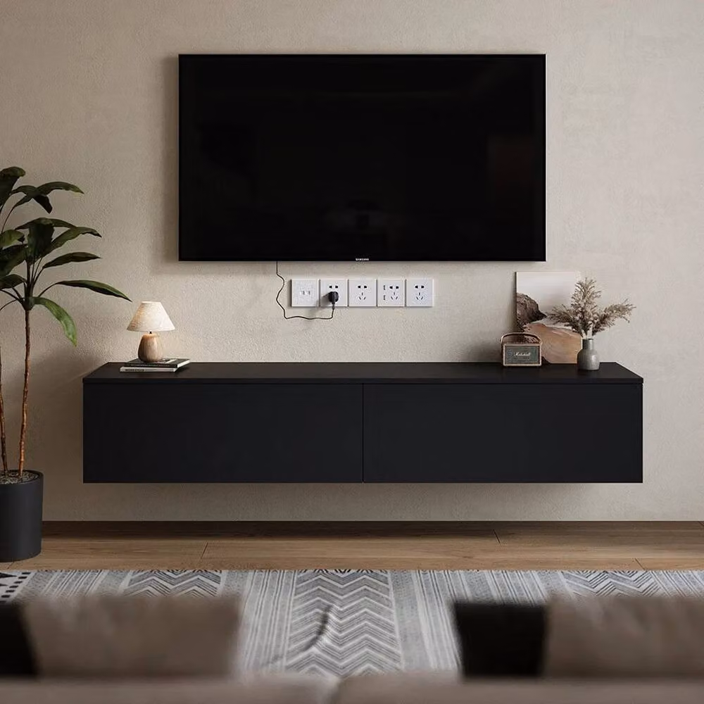 FLAVORA Modern Wall Mounted Floating TV Cabinet Unit in Matt Black, Width: 160 cm – 2