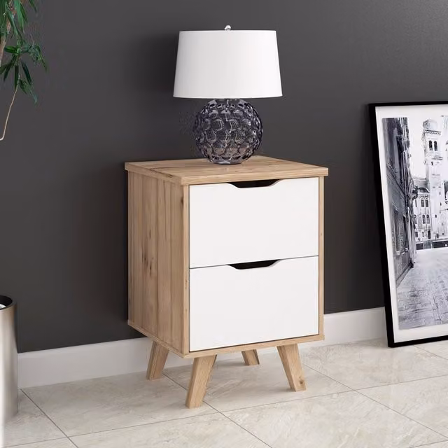 FWStyle Scandi 2 Drawer Bedside Table in Matt White and Oak