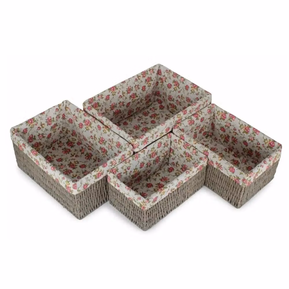 Red Hamper Set of 4 Paper Rope Storage Baskets with Grey Garden Rose Cotton Lining – 2