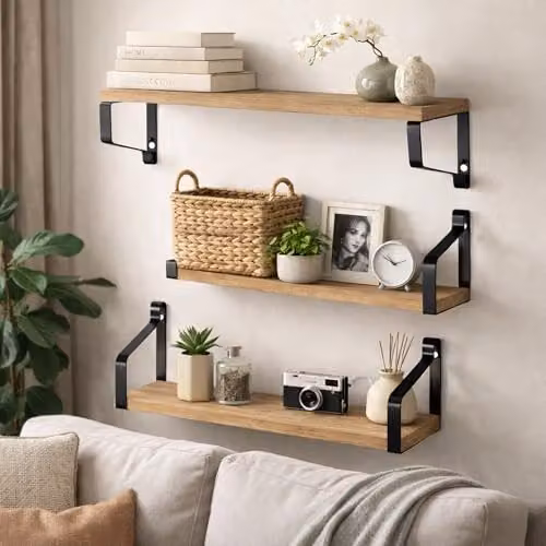 Harbour Housewares Set of 3 Brown Industrial Wooden Floating Shelves with Metal Brackets, Wall Mounted Storage Display for Kitchen, Bathroom, Bedroom or Living Room – 3