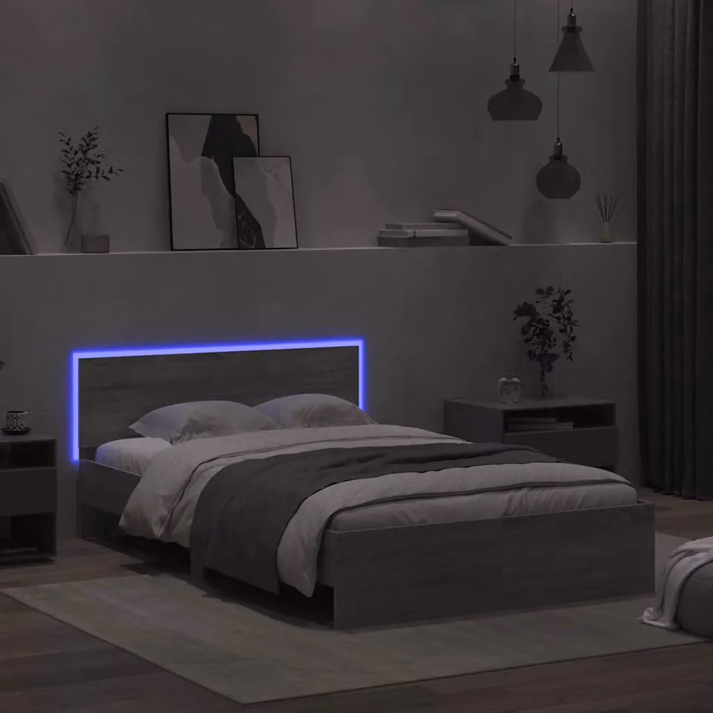 Berkfield Home Small Double Bed Frame with Headboard, LED Under-Bed Lighting and USB Charging Port, Grey Sonoma, W: 120 cm, L: 190 cm – 2