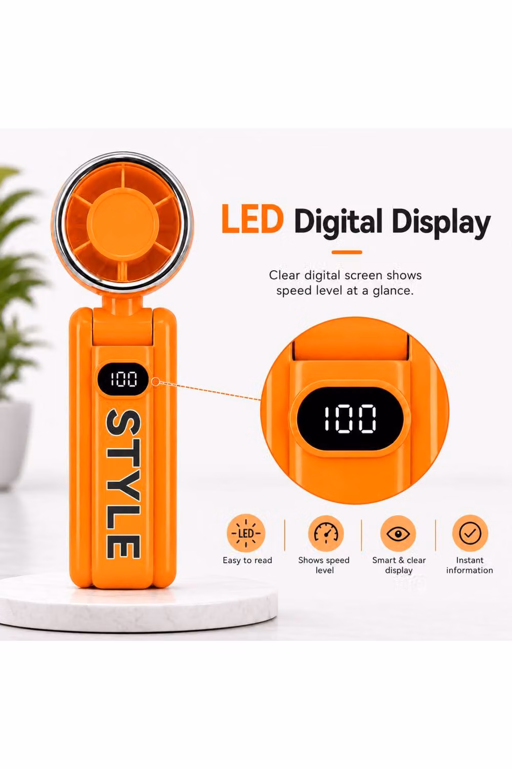 Dyzi Portable Handheld Mini Fan with 100 Speed Settings and LED Display in Orange – 2