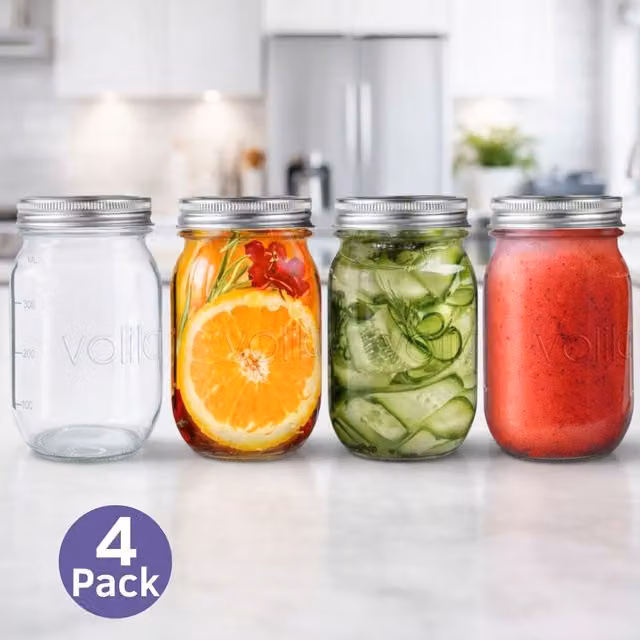 Volila Set of 4 Transparent Airtight and Leakproof Glass Mason Jars with Lids