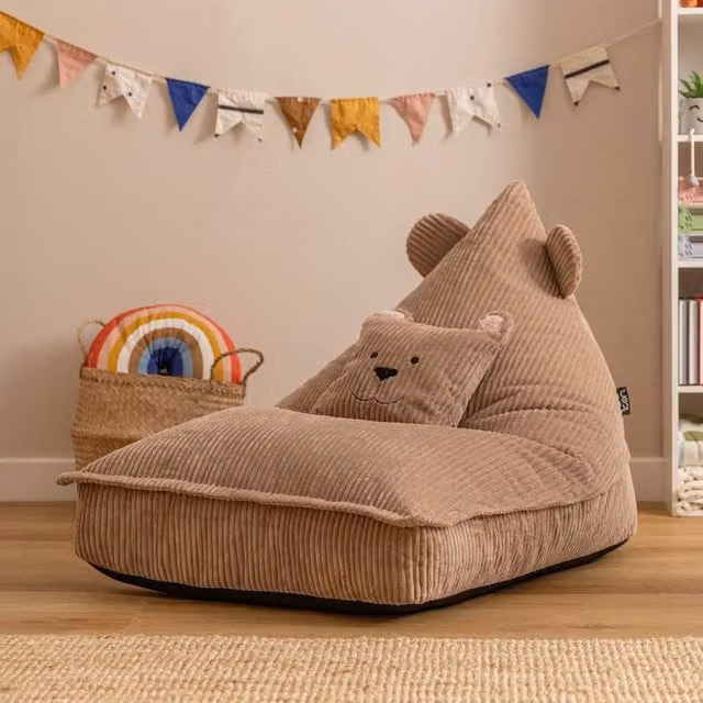 icon Kids Animal Print Bean Bag Lounger and Cushion Bundle in Brown Corduroy