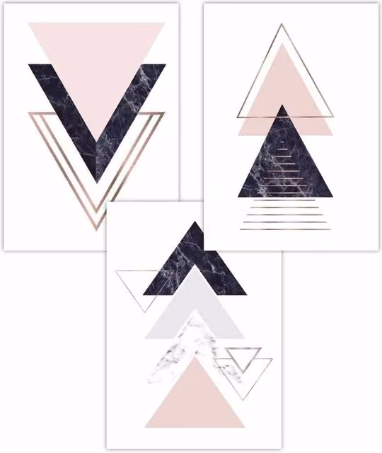 ARTZE Set of 3 Navy and Pink Geometric Triangle Abstract Art Posters, W: 50 cm, H: 70 cm