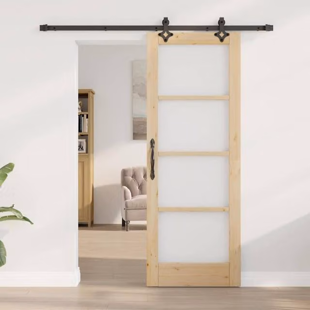 Berkfield Home Orkdal Sliding Door with Hardware Set in Beige, Solid Wood and Glass, H: 198.5 cm, W: 73.5 cm – 1