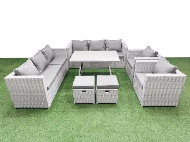 Fimous 10 Seater Modern Garden Furniture Set with 2 Small Stools in Light Grey