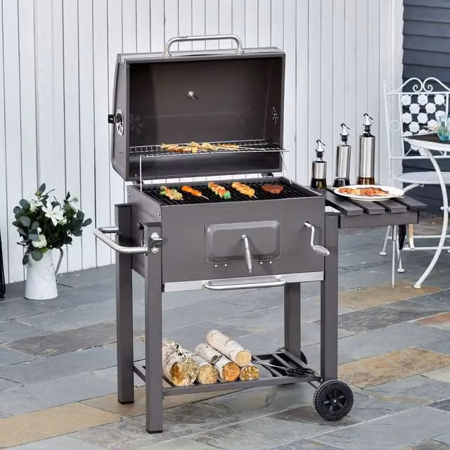 Outsunny Charcoal Smoker BBQ Trolley with Offset Design in Dark Grey
