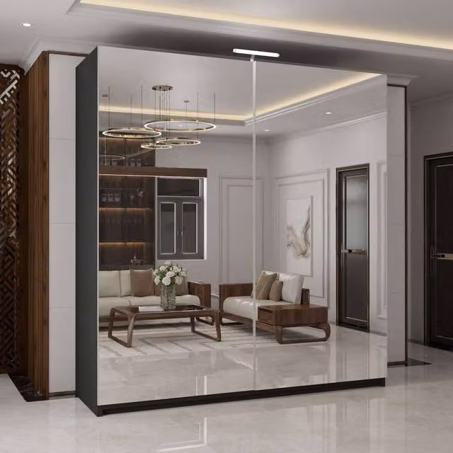 MN Furniture Modern Black Sliding Door Wardrobe with Full Mirrors and Integrated LED Lighting