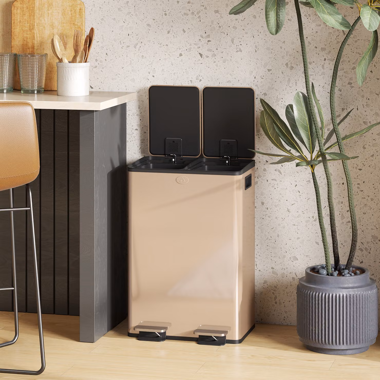 HOMCOM 56L Dual Compartment Stainless Steel Pedal Bin with Deodoriser Holders, Gold Tone – 8