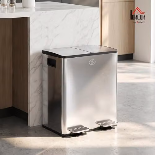 HOMCOM Dual Kitchen Bin with Soft Close Lid and Fingerprint Proof Stainless Steel in Silver, 2 x 20L – 2
