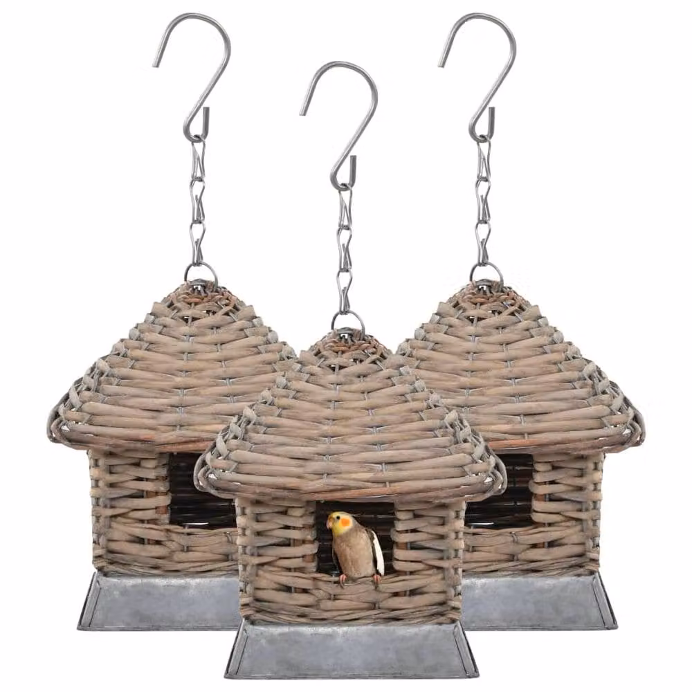 Berkfield Home Set of 3 Brown Wicker Bird Houses