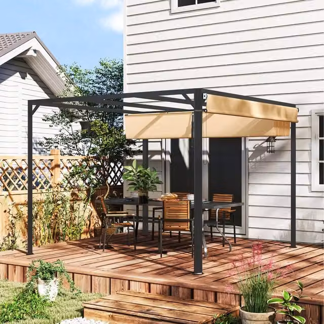 Outsunny Modern Retractable Garden Pergola with Roller Shade in Khaki, W/D: 300 x 300 cm