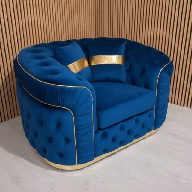 Stratus Interiors Ambassador Chesterfield Sofa in Blue Plush Velvet with Gold Trim