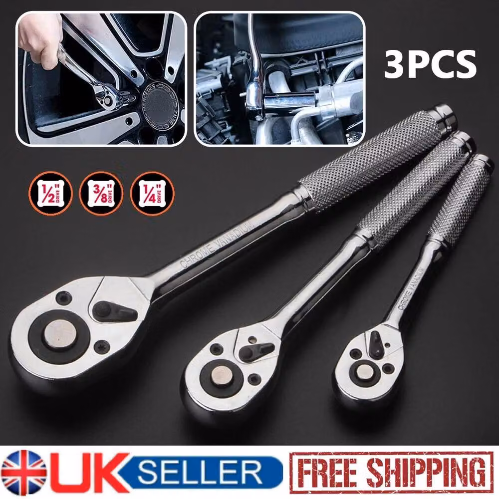 SPETLEK 3-Piece Heavy Duty Quick Release Ratchet Handle Set in Silver Chrome Vanadium Steel – 4