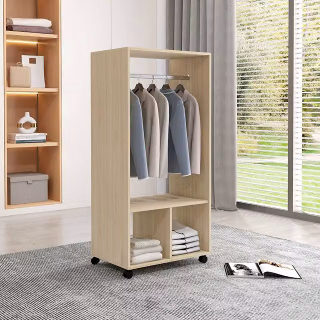 HOMCOM Mobile Open Wardrobe with Clothes Rail and Storage Shelves, Natural/Beige, W: 60.0 cm, D: 40.0 cm, H: 128.0 cm – 1