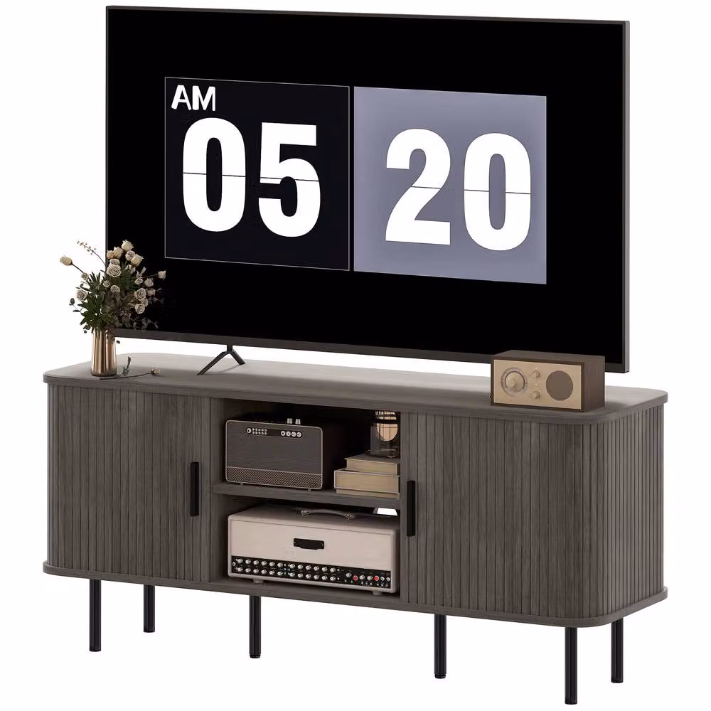 STILVORA Mid-Century TV Stand with 2 Doors and Shelves in Matt Grey – 5