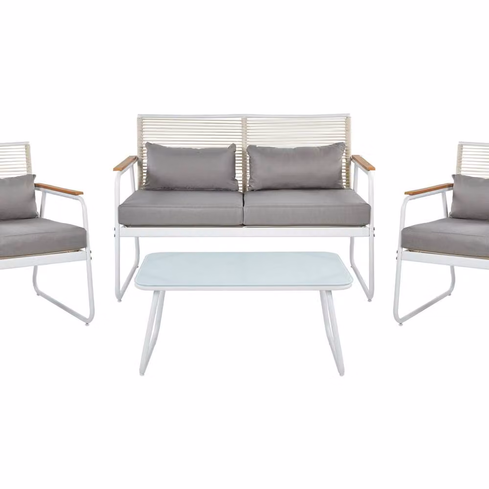 Wyld and Coco White Powder Coated Steel 4-Seater Garden Lounge Set with Grey UV-Resistant Cushions and Coffee Table – 2