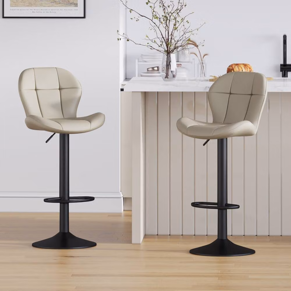 MCC Direct Stella Set of 2 Height Adjustable Kitchen Bar Stools in Beige Synthetic Leather – 2
