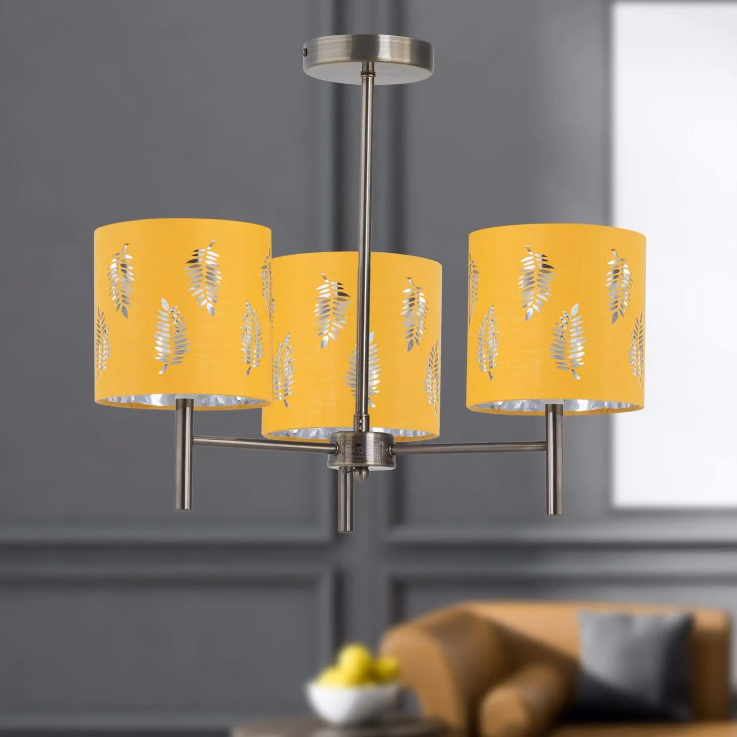 First Choice Lighting Brea Set of 2 Antique Brass Ceiling Light Fittings with Gold and Yellow Fabric Shades – 2