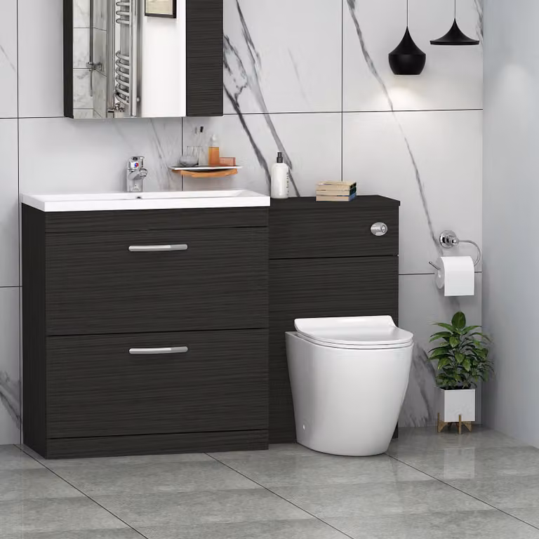 Royal Bathrooms Hale Black 1300mm 2 Drawer Furniture Pack with Mid Edge Basin and Slim Elva Back to Wall Toilet