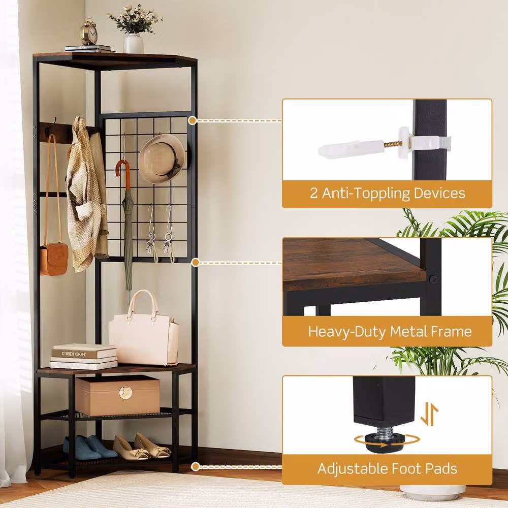 Costway Industrial Corner Hall Tree with Bench and Storage Shelves in Brown – 4