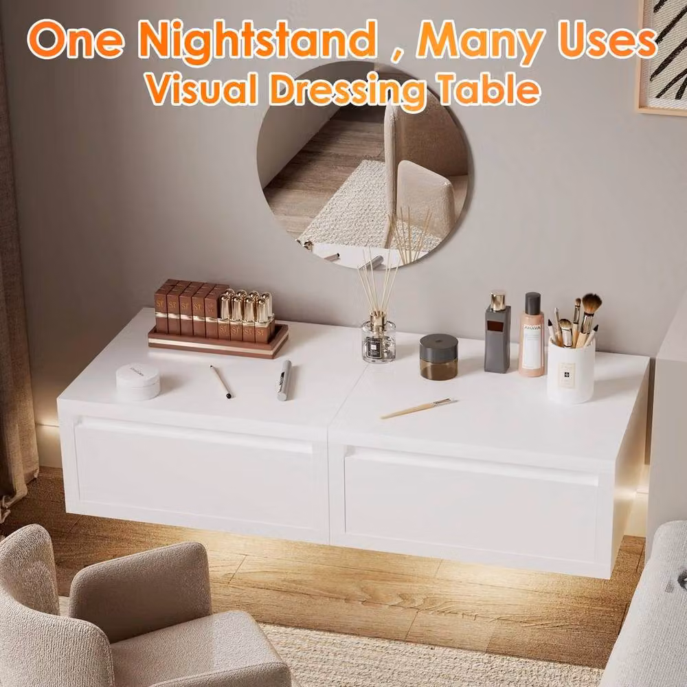 EONLION Wall Mounted Bedside Cabinet Table in White with Integrated Lighting, Width: 100 cm – 4