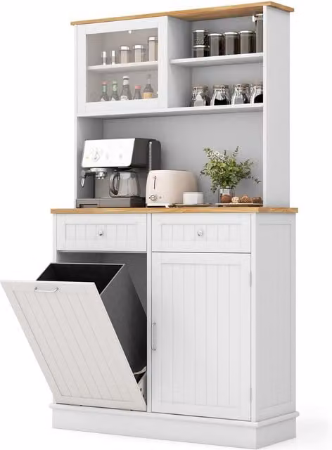 Gymax White Kitchen Pantry Cabinet with Tilt Out Trash Storage and Hutch Sideboard