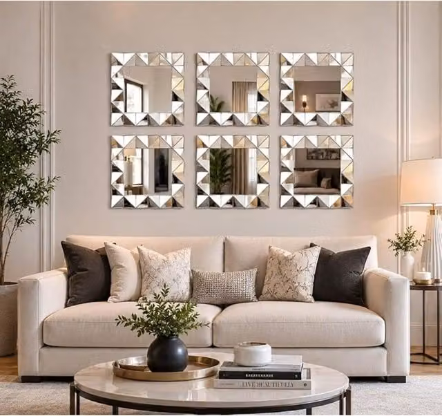 DEENZ Pack of 4 Art Deco Style Geometric Square Wall Mirrors in Silver, W/D/H: 40 x 40 x 0.5 cm
