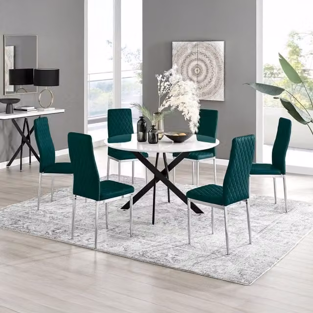 FurnitureboxUK Novara White Gloss Round Dining Table with 6 Green Velvet Milan Chairs, Diameter: 120 cm