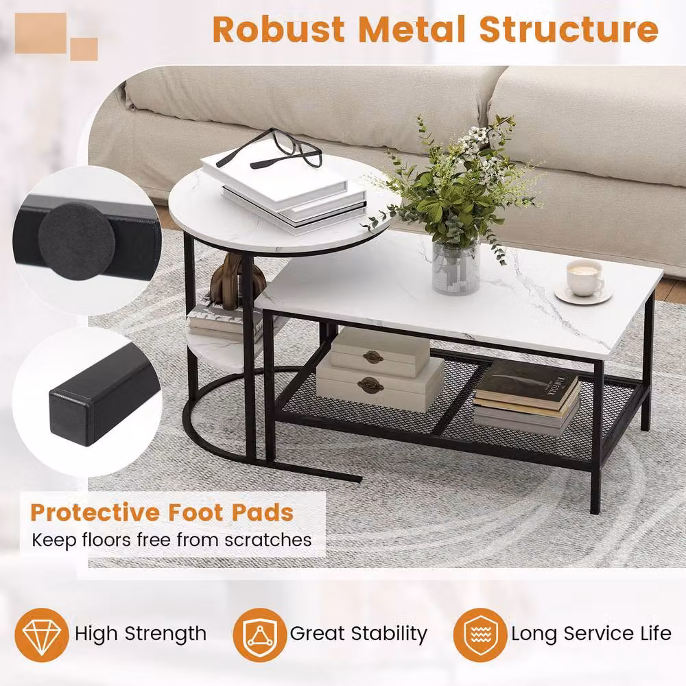 Gymax Set of 2 Nesting Coffee Tables with White Faux Marble Tops and Metal Legs – 6